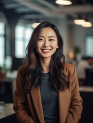 Portrait of happy asian woman smiling standing in modern office space. Generative AI