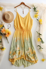 Top view of a beautiful woman's summer dress, sun hat and fresh flowers lying on a flat pastel surface. Creative stories of spring women's outfit, summer fashion.