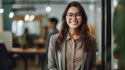 Obraz premium Portrait of happy woman smiling standing in modern office space