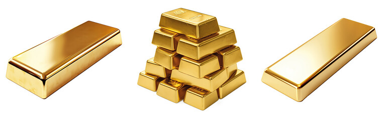 Fototapeta Set of gold bars , piles of gold lingots isolated on transparent background obraz