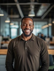 Fototapeta premium Smiling happy afro american man looking at camera. Generative AI