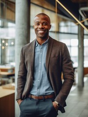 Smiling happy afro american man looking at camera. Generative AI