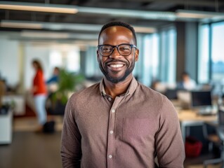 Obraz premium Successful man smiling in office, exuding confidence and professionalism