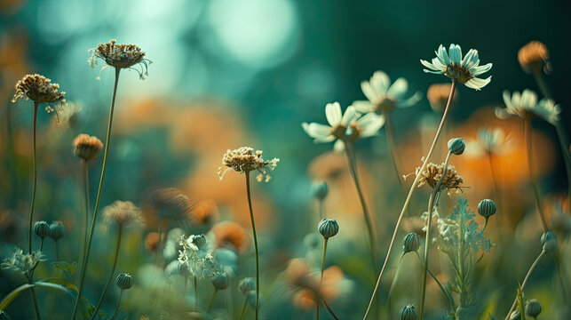 Beautiful wild flowers in the meadow, vintage color tone.