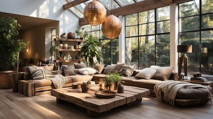 Contemporary bright living room with boho design, AI-generative