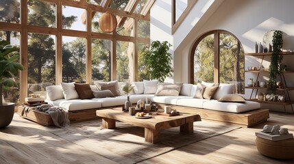 Fototapeta na wymiar Contemporary bright living room with boho design, AI-generative