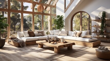 Fototapeta premium Contemporary bright living room with boho design, AI-generative
