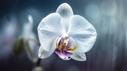 Close up of white orchid with water drops on petals.