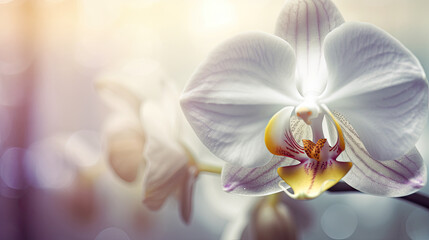 White orchid flower on blurred background with bokeh effect.