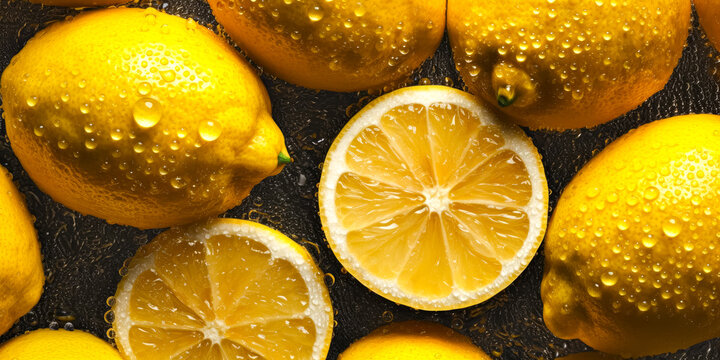 Overhead Shot of Lemons with visible Water Drops. Close up