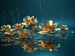 Composition of golden artificial lotuses on a blue background. Generative AI