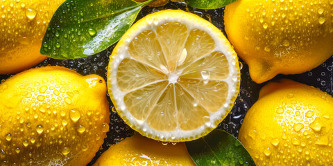 Overhead Shot of Lemons with visible Water Drops. Close up © zamuruev