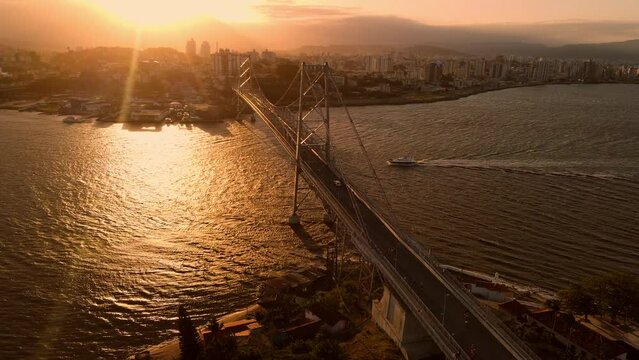 Cable stayed bridge in Florianopolis with sunset. Popular tourict place of Florianopolis, Brazil
