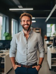 Fototapeta premium Confident handsome and successful man smiling and looking determined. Generative AI
