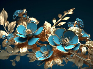 Composition of blue gold artificial flowers on a blue background. Generative AI