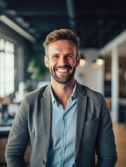 Fototapeta premium Confident handsome and successful man smiling and looking determined. Generative AI