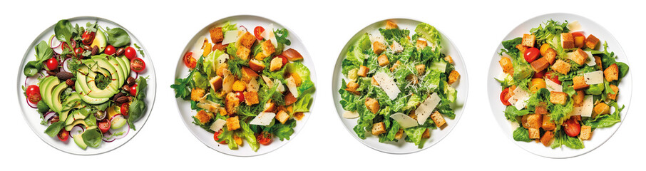 Rich plates of salad from green leaves mix and vegetables with avocado or eggs, chicken and shrimps isolated on transparent background