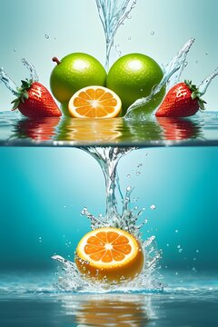 Fruit falling into the water. Splash art. Generative Ai illustration.