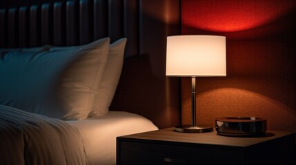 Close up shot of a night lamp next to a hotel bed, against black wall, clean minimalist, bright warm light.