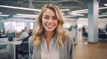 Portrait of happy woman smiling standing in modern office space. Generative AI