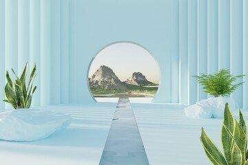 Natural podium, 3D render Mock up for exhibitions, presentation of products, relaxation and health.