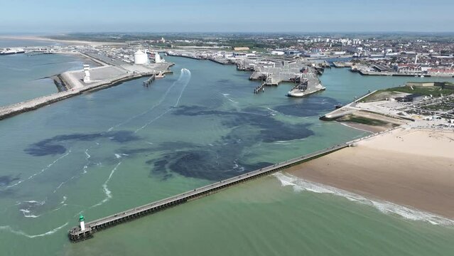 Aerial drone video of the departure terminal of the port of Calais in France, where ferries depart and arrive to go to England.