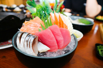 sashimi or raw salmon , Akami and raw tuna or  raw mackerel and kanikama - obrazy, fototapety, plakaty