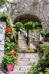 Wonderful home garden on the stone staircase in the romantic town of Brsec, Croatia, famous for its stone houses located on the rock above the Adriatic sea