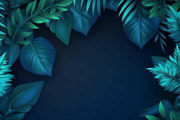 Collection of tropical leaves and foliage plants in blue color with copy space background - business invite