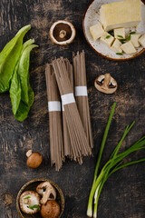 Raw soba noodles and cooking ingredient