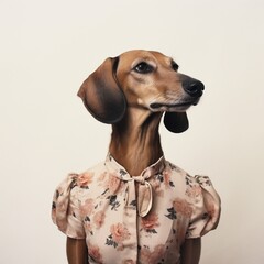 Dachshund dog wearing 1950's-style dress, AI-generative