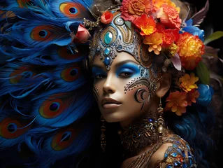 Beautiful Woman Wearing An Extravagant Peacock Feather Costume and Headdress For Carnival