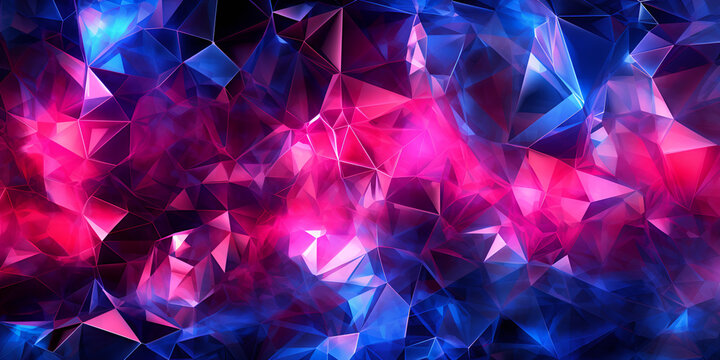 3d rendering, blue pink neon crystallized background, polygonal mesh, ultraviolet light, faceted metallic texture with reflections, crumpled shiny wallpaper stock photo