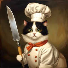 Oil painting style portrait. Cute cat. Black and white fur. Wearing white chef hat and clothes. Holding a knife. Looking at the camera.