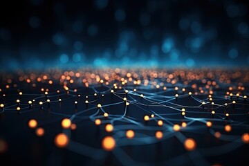 Fototapeta premium Abstract futuristic technology concept of data transfer with glowing wire and dots background. Generative AI