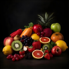 Fruits and vegetables on black background 