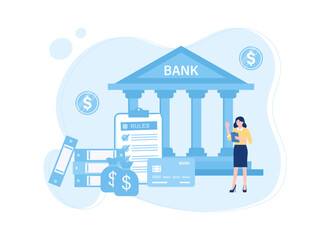 Bank worker with credit card and coins in front of bank building concept flat illustration