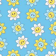 Seamless Seamless pattern with cute smiling flowers. Vector graphics.. Vector graphics.