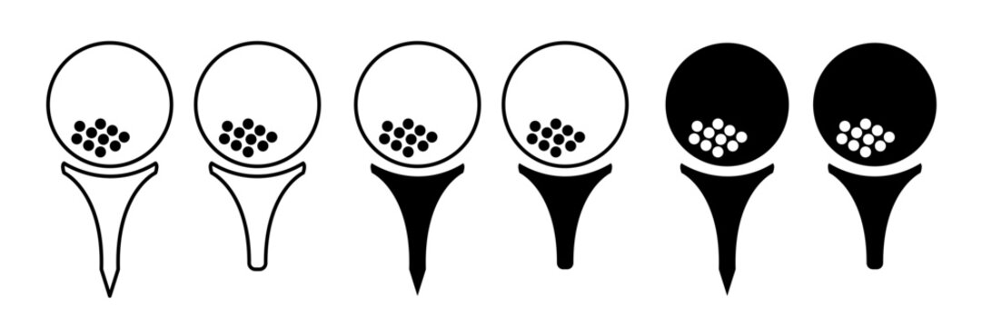 Golf ball on tee vector icon set in black filled and outlined style.