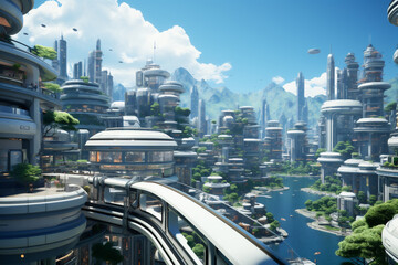 Fototapeta na wymiar Fantasy city of the future Gong Kong, China. Flying futuristic extremely technical cars, robotics, photorealism, hyperrealism, highly detailed. AI generative