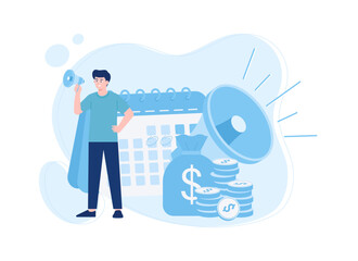 Seller promotes products with speakers concept flat illustration