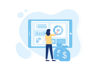 Woman is analyzing financial growth data concept flat illustration