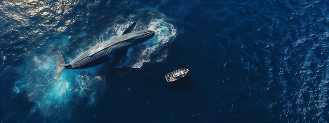 Banner, top view of a big blue whale and a small yacht nearby. Generative AI
