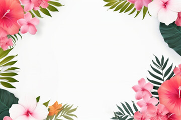 Fototapeta na wymiar Rectangular frame made from tropical leaves and flowers