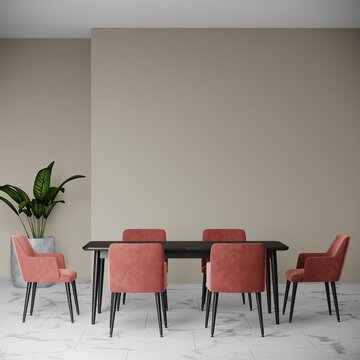 Meeting room or dinning area with large black table and 6 beige orange brown terracota chairs. Empty wall in taupe gray painting color. Luxury interior design home diningroom or restaurant. 3d render