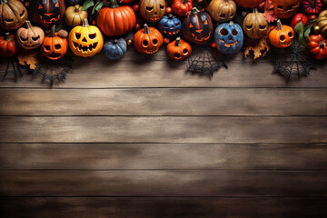 Halloween background, pumpkins on a wooden dark brown desk with a copy space. flat lay. High quality photo