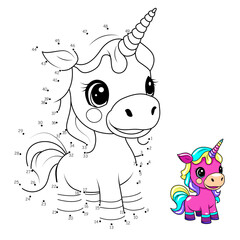 Point to point game. Draw a line. Unicorn. For children. worksheet. Coloring book. cartoon character. © Anatolii