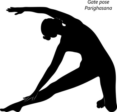 Silhouette of young woman practicing yoga, doing Gate pose or Beam pose. Parighasana. Arm Leg Support and Lateral Bend. Beginner. Isolated vector illustration.