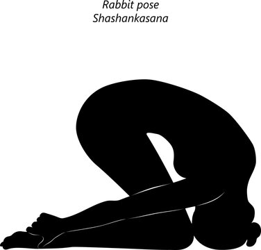 Silhouette of young woman practicing yoga, doing Rabbit pose or Hare pose. Shashankasana. Arm Leg Support and Forward Bend. Beginner. Isolated vector illustration.
