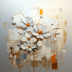 Oil and acrylic painting, abstract painting white flowers with textures.